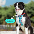 ALT:
Perro usando arnés TrueLove camuflaje azul con enganche antitirones frontal señalado para mayor control en el paseo