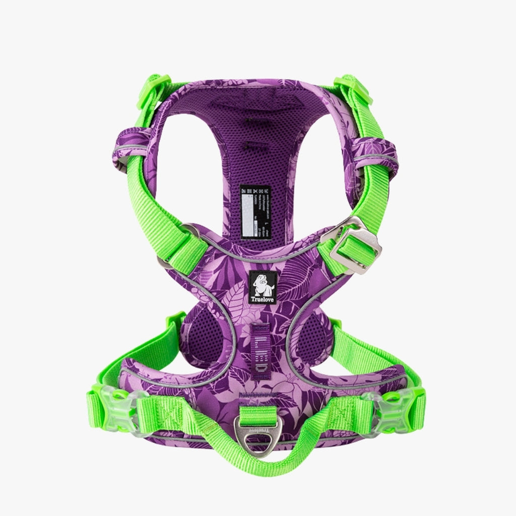 Arnés ergonómico antitirones TrueLove para perros en color camuflaje turqueza, vista frontal sobre fondo gris claro