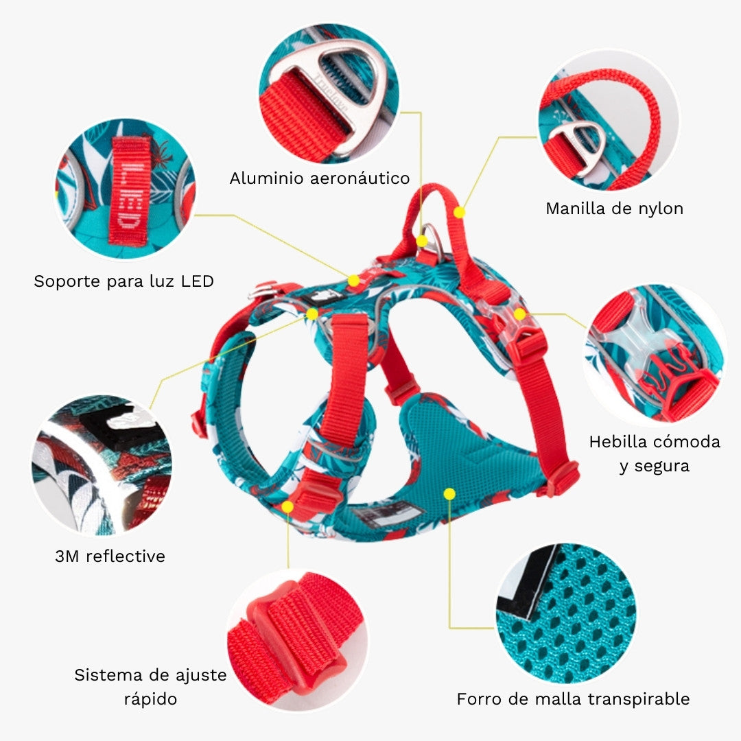 Collage de características del arnés ergonómico antitirones TrueLove para perros, ajustes, acolchado y puntos de enganche