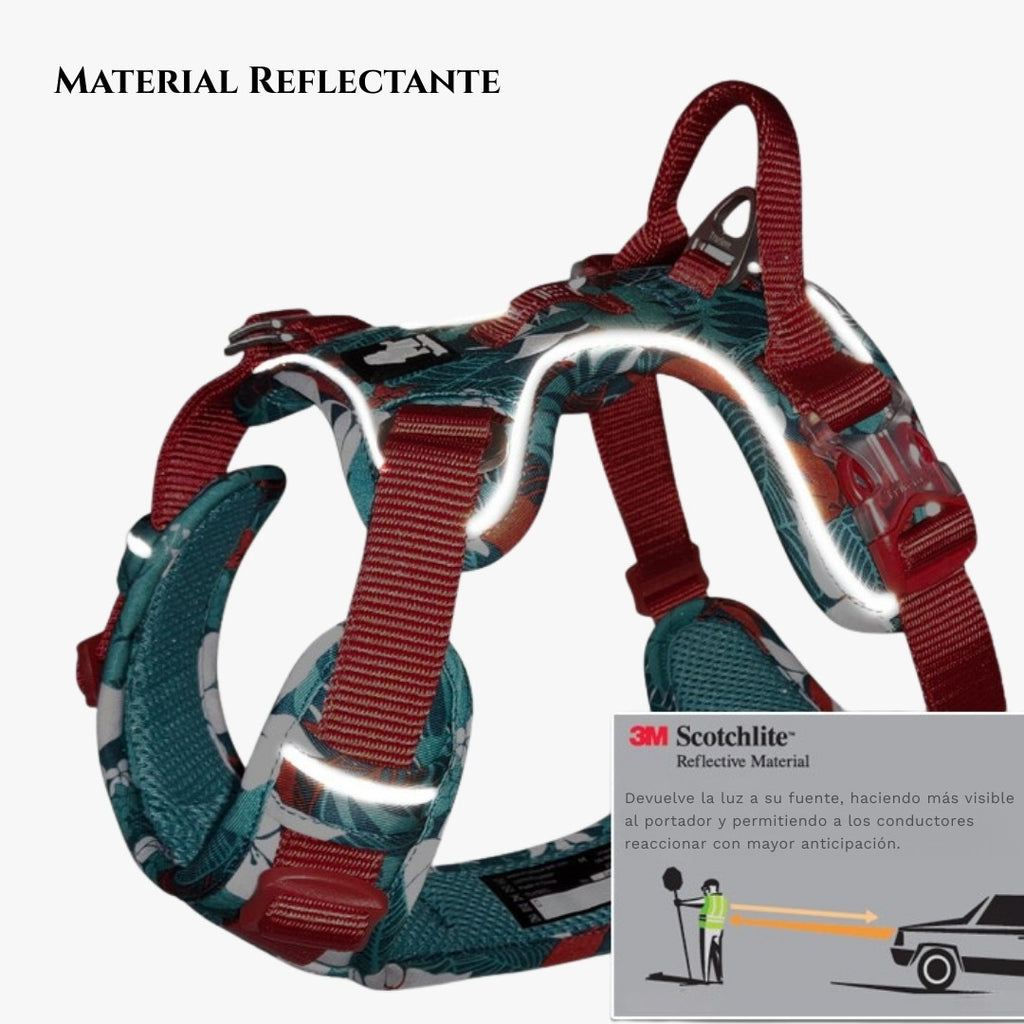 Detalle del arnés TrueLove para perros con material reflectante 3M, malla acolchada y correas resistentes