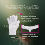Infografía del guante húmedo Caricia Real para perros con medidas 22 por 25 centímetros y descripción de su diseño pensado para acariciar y limpiar el cuerpo