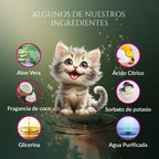 Infografía de ingredientes de Caricia Real para gatos con ilustración de gatito y componentes como aloe vera, glicerina, fragancia de coco, ácido cítrico, sorbato de potasio y agua purificada