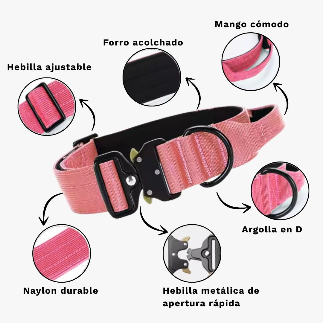 Infografia de caracteristicas del collar tactico para perros: forro acolchado, comodo mango, hebilla ajustable, nylon durable, hebilla metalica de apertura rapida y argolla en D