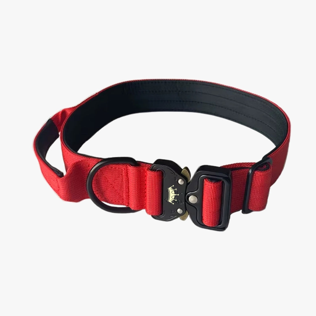 Collar tactico para perros color rojo con asa de control y argolla metalica para correa