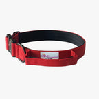 Collar tactico para perros color rojo con asa de control y etiqueta Su Majespet visible