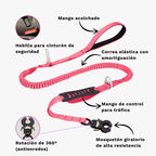 Características de la correa antitirones amortiguadora Marcha Imperial para perros: mango acolchado, correa elastica con amortiguacion, mango de control, mosqueton giratorio 360 y hebilla para cinturon de seguridad