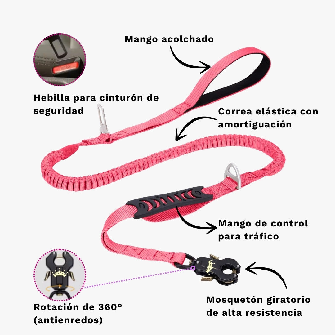 Características de la correa antitirones amortiguadora Marcha Imperial para perros: mango acolchado, correa elastica con amortiguacion, mango de control, mosqueton giratorio 360 y hebilla para cinturon de seguridad