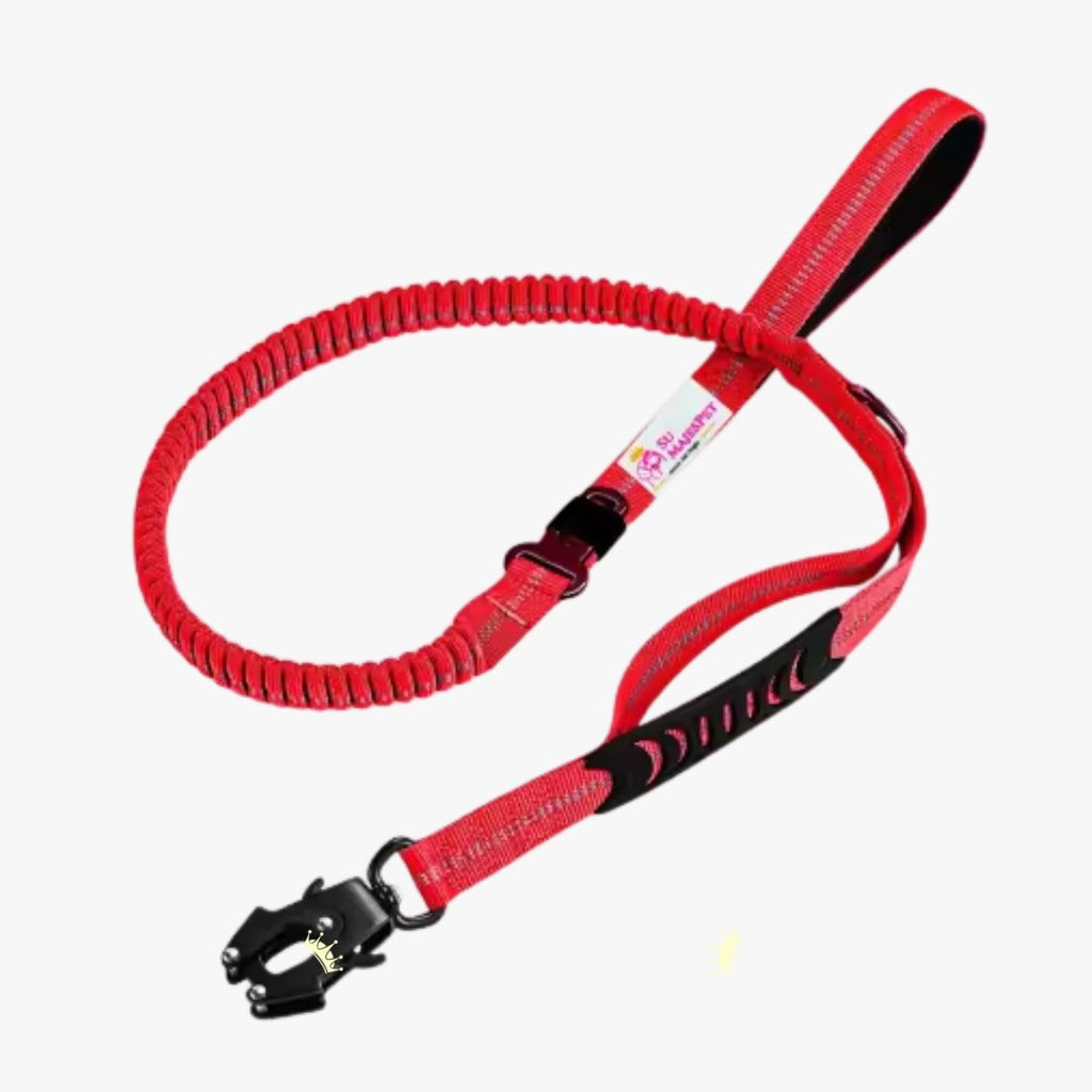 Correa antitirones amortiguadora para perros Marcha Imperial color rojo, con mango acolchado, mango de control, mosqueton 360 y hebilla para cinturon de seguridad