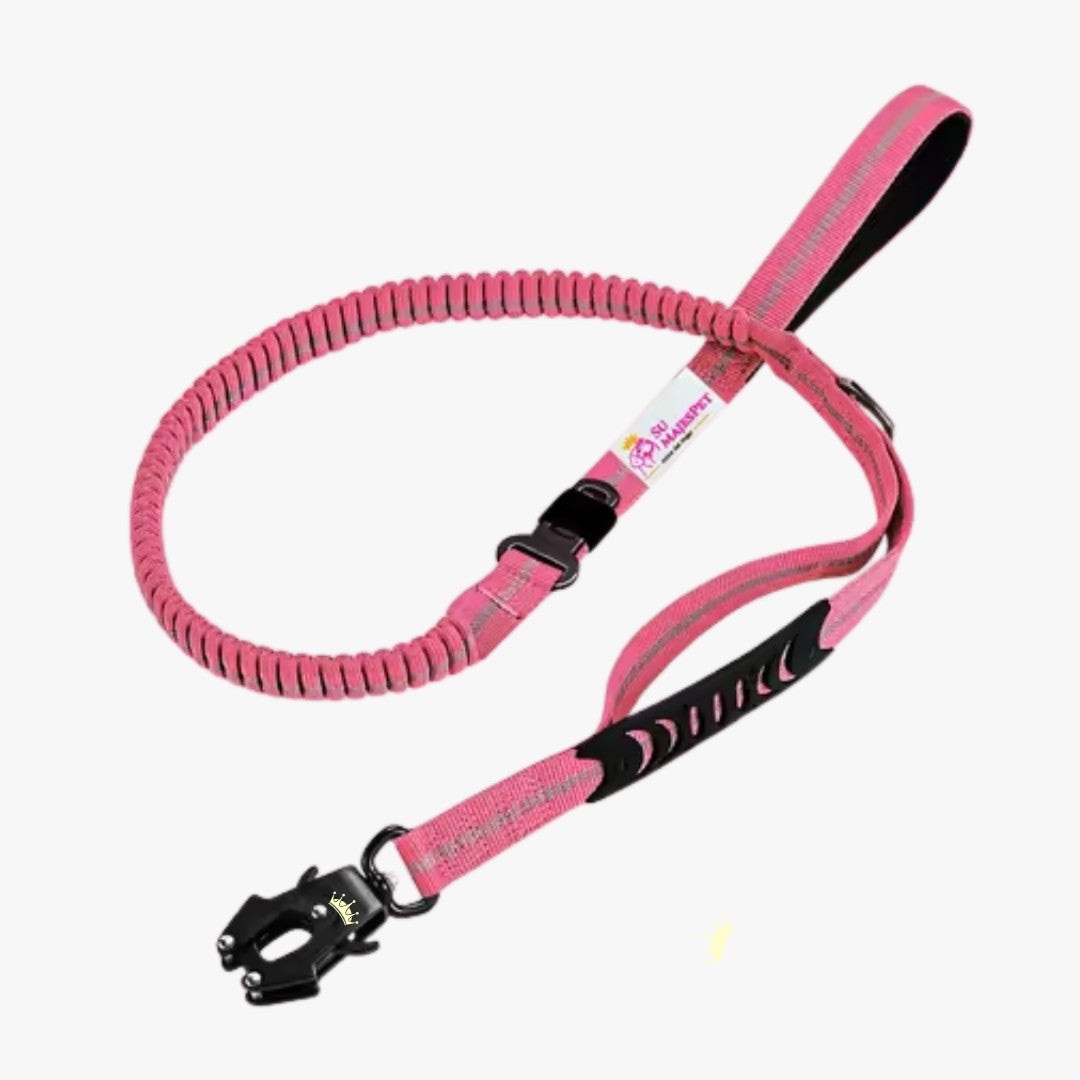 Correa antitirones amortiguadora para perros Marcha Imperial color rosado, con mango acolchado, mango de control, mosqueton 360 y hebilla para cinturon de seguridad