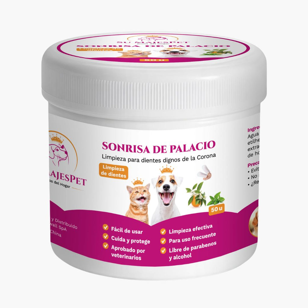 Envase de dedales dentales Sonrisa de Palacio para limpieza bucal de gatos, 50 unidades, sobre fondo claro