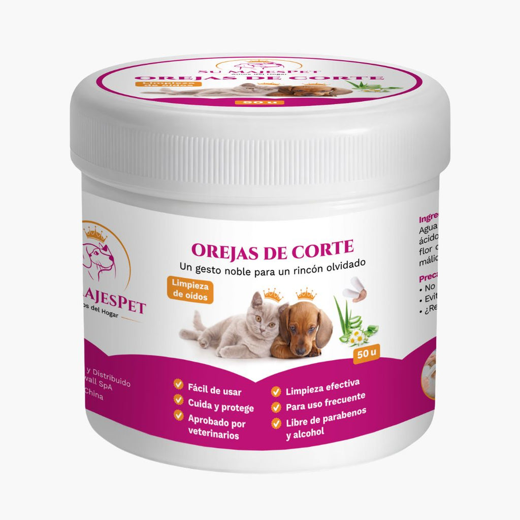 Envase de dedales húmedos Orejas de Corte para limpieza de oídos de gatos, 50 unidades, sobre fondo claro