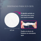 Infografía de la toallita circular de algodón perlado de 6,5 cm de Ojitos Majestuosos, diseñada para limpiar zonas con mucha suciedad en los ojos de perros