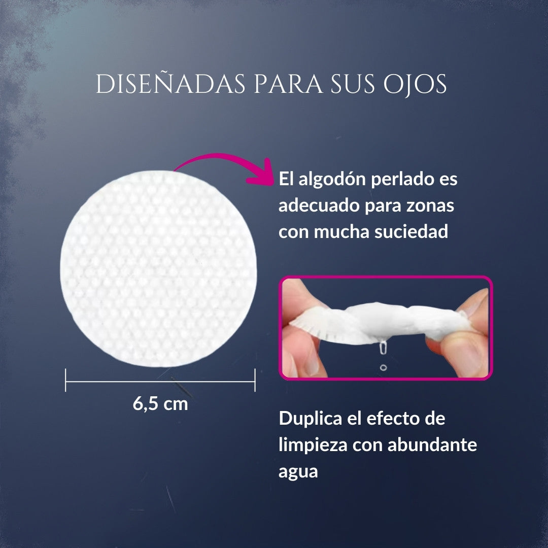 Infografía de la toallita circular de algodón perlado de 6,5 cm de Ojitos Majestuosos, diseñada para limpiar zonas con mucha suciedad en los ojos de perros