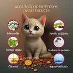 Infografía de ingredientes de Ojitos Majestuosos para gatos: manzanilla, ginkgo biloba, semilla de jojoba, glicerina, sorbato de potasio y agua purificada