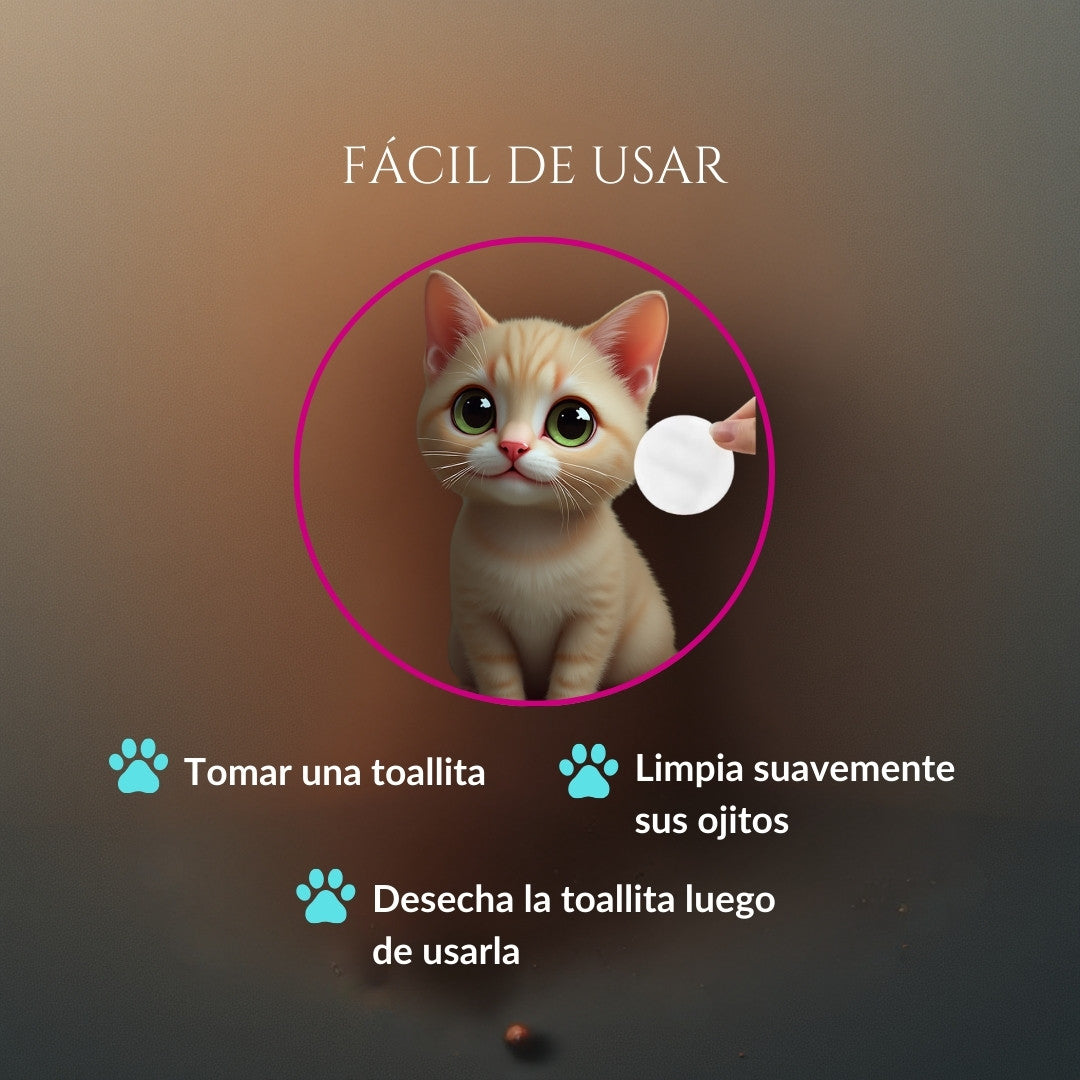Infografía del modo de uso de Ojitos Majestuosos en gatos: tomar una toallita, limpiar suavemente el contorno de sus ojos y desechar la toallita luego de usarla