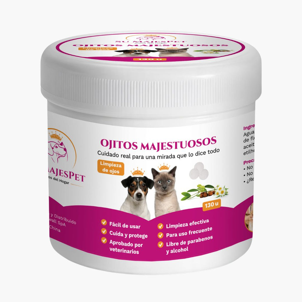 Envase de toallas húmedas Ojitos Majestuosos para limpieza de ojos de perros , 130 unidades, sobre fondo claro