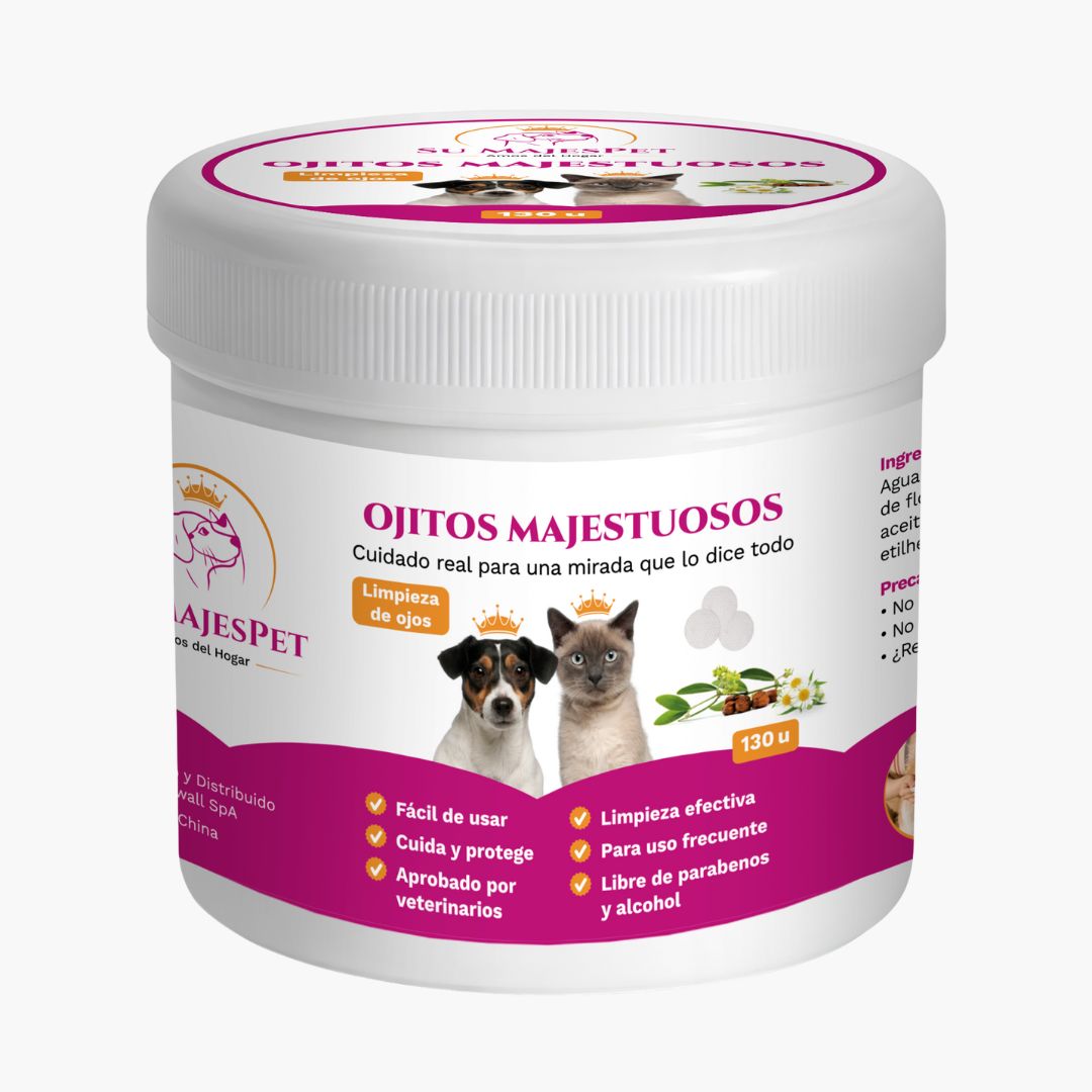 Envase de toallas húmedas Ojitos Majestuosos para limpieza de ojos de perros , 130 unidades, sobre fondo claro