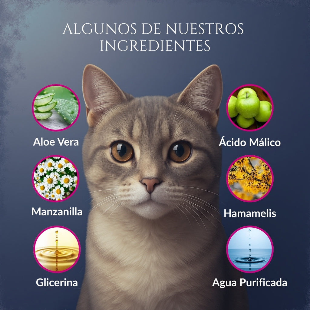 Infografía de ingredientes de Orejas de Corte para gatos con ilustración de gato y componentes como aloe vera, manzanilla, hamamelis, glicerina, ácido málico y agua purificada