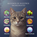 Infografía de ingredientes de Orejas de Corte para gatos con ilustración de gato y componentes como aloe vera, manzanilla, hamamelis, glicerina, ácido málico y agua purificada