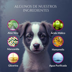 Infografía de ingredientes de Orejas de Corte para perros con ilustración de cachorro y componentes como aloe vera, manzanilla, hamamelis, glicerina, ácido málico y agua purificada