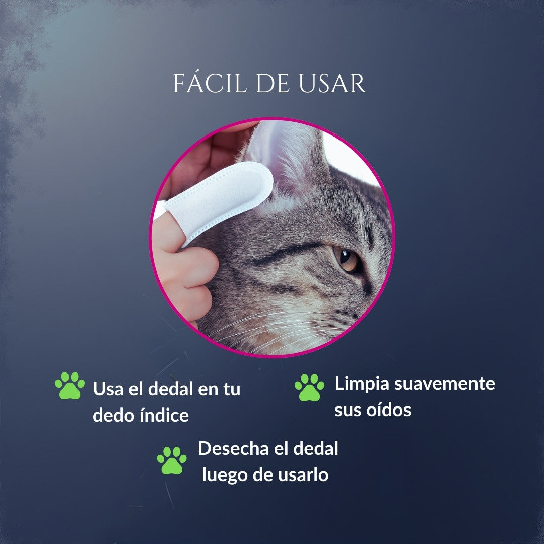 Infografía del modo de uso de Orejas de Corte en gatos: colocar el dedal en el dedo índice, limpiar suavemente la parte externa del canal auditivo y desechar el dedal después
