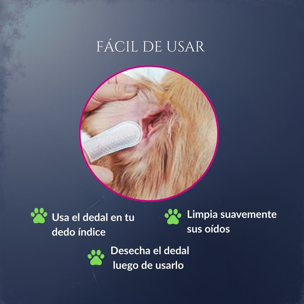 Infografía del modo de uso de Orejas de Corte en perros: colocar el dedal en el dedo índice, limpiar suavemente la parte externa del canal auditivo y desechar el dedal después