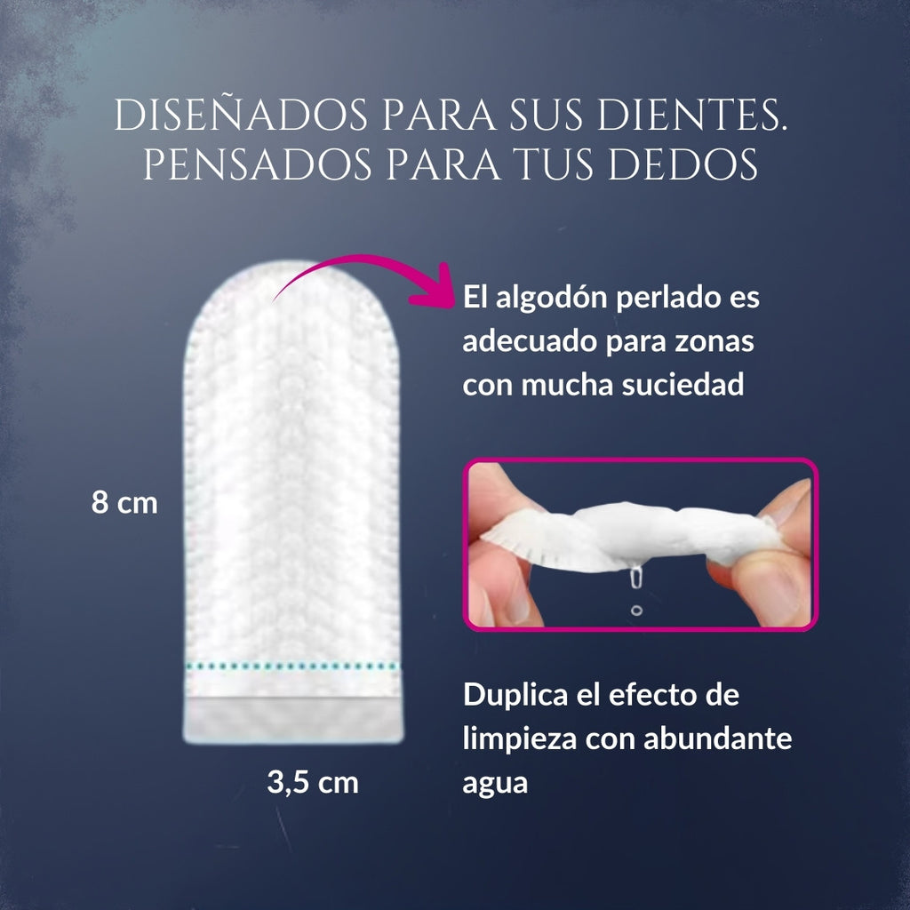 Infografía del dedal de algodón perlado Sonrisa de Palacio para perros, tamaño 8 cm por 3,7 cm, diseñado para limpiar dientes y encías