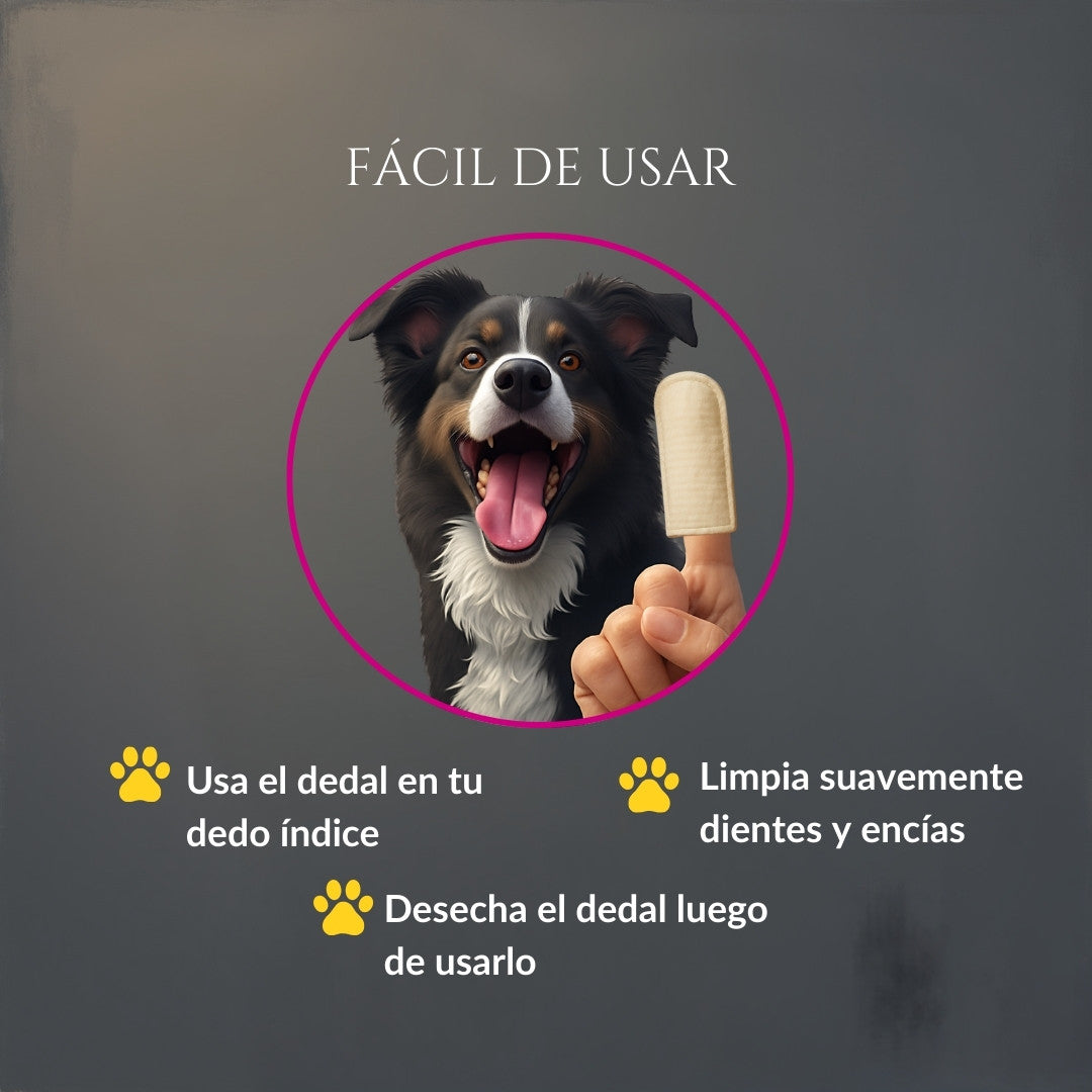 Infografía del modo de uso de Sonrisa de Palacio en perros: colocar el dedal en el dedo índice, limpiar suavemente dientes y encías, y desechar el dedal después