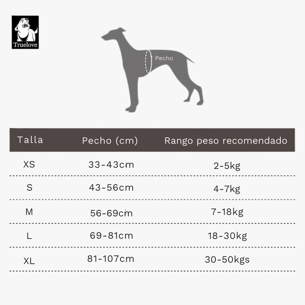 Tabla de tallas del arnés TrueLove para perros, medidas de contorno de pecho y peso recomendado por talla