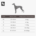 Tabla de tallas del arnés TrueLove para perros, medidas de contorno de pecho y peso recomendado por talla