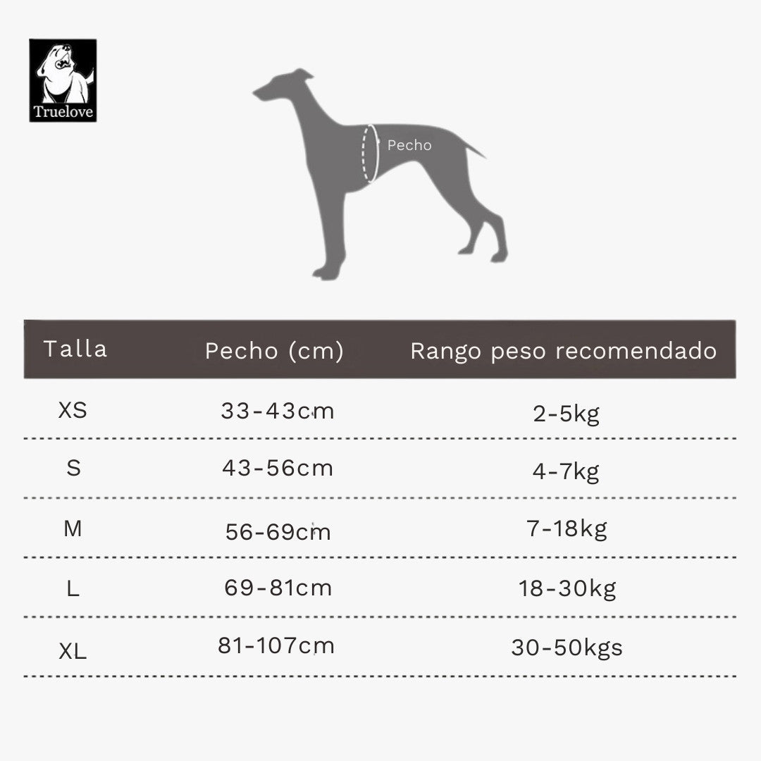 Tabla de tallas del arnés TrueLove para perros, medidas de contorno de pecho y peso recomendado por talla