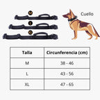 Tabla de tallas de collar tactico para perros, tallas M L y XL con medidas de circunferencia de cuello en centimetros